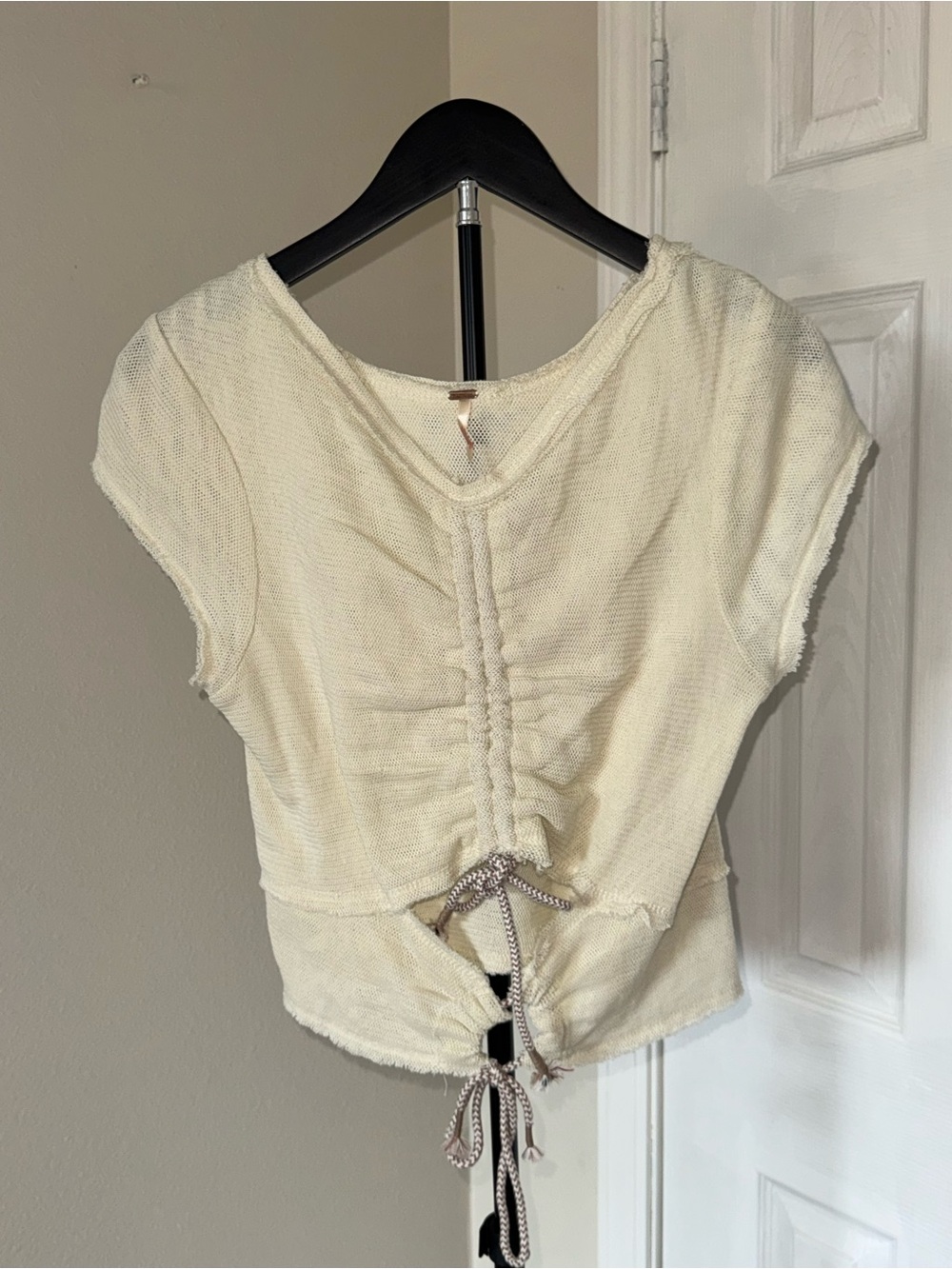 Free People Cream Drawstring Short-Sleeve Crop Top
